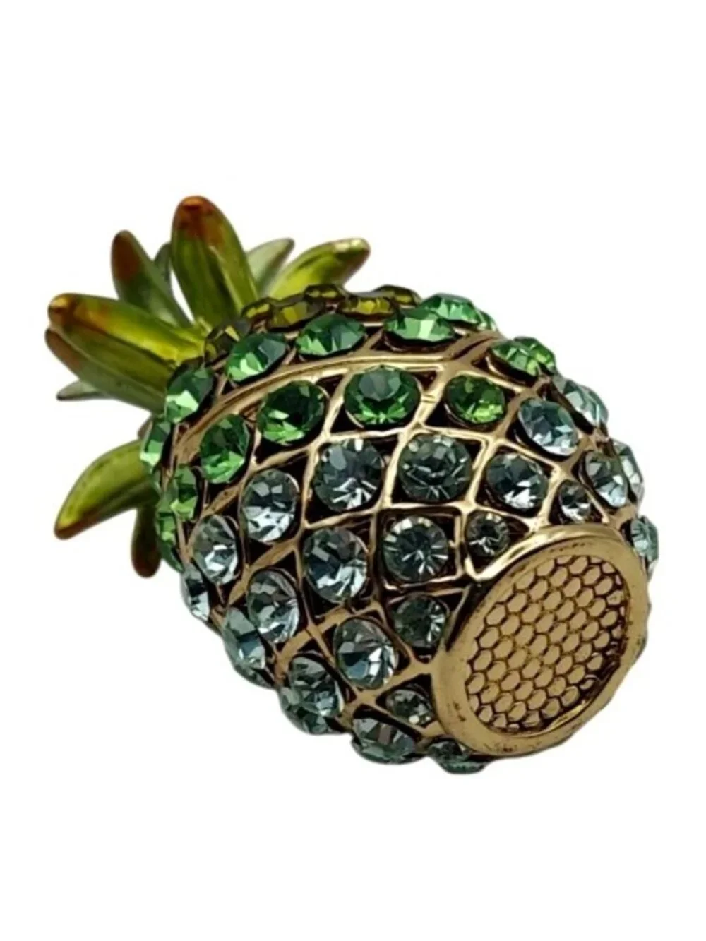 Jeweled Pineapple Hinged Magnetic Trinket Box Goldtone Enamel Blue Green Crystal